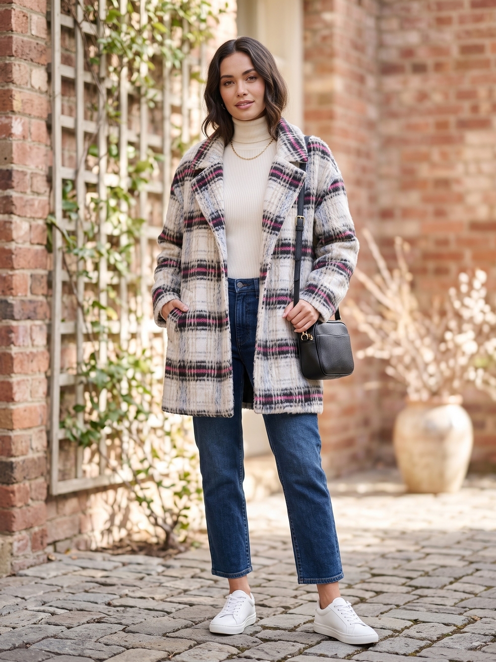 Fuzzy Plaid Wool Blend Coat Barbiecore Fall Streetwear Jacket